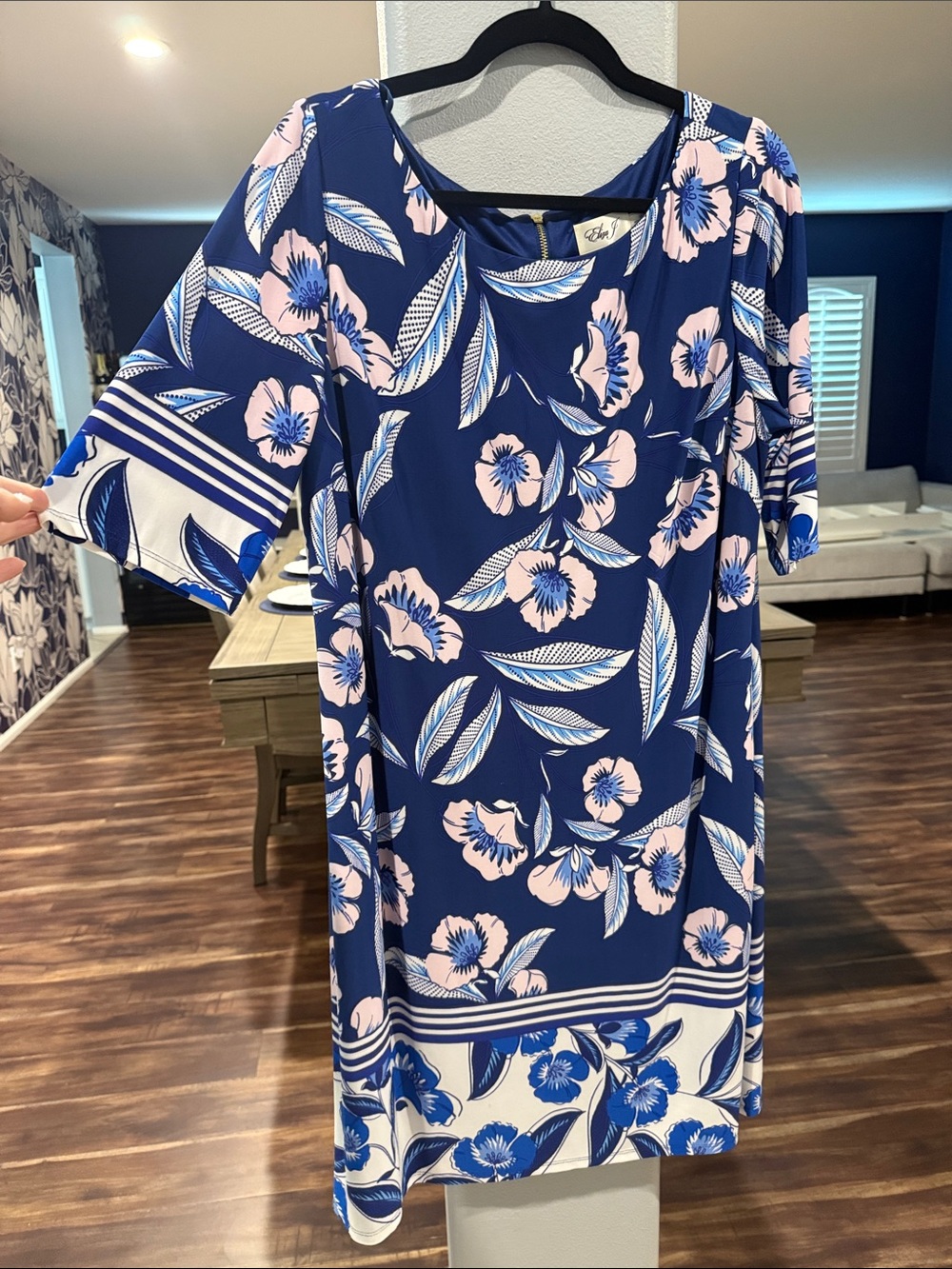 Navy Floral Shift Dress with Pink Accents